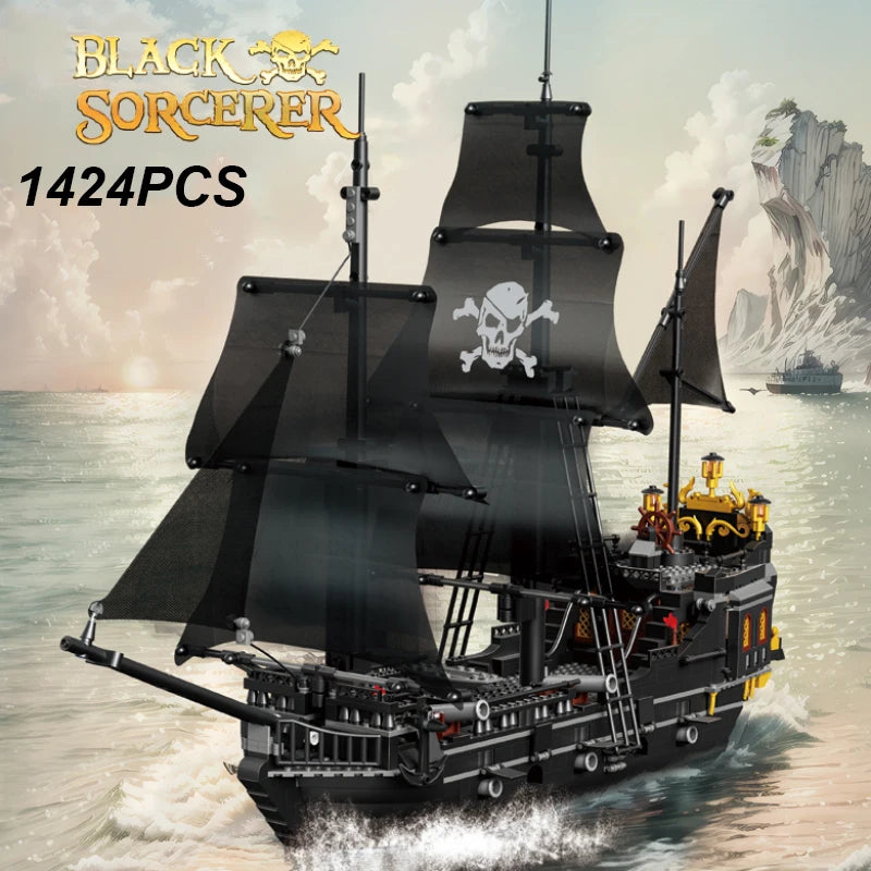 1424PCS Black Pirate Ship Building Blocks Skeleton Ghost Boat Model