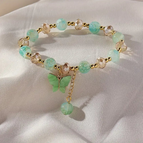 Purple Butterfly Charm Beaded Stretch Bracelet For Women Multi Color