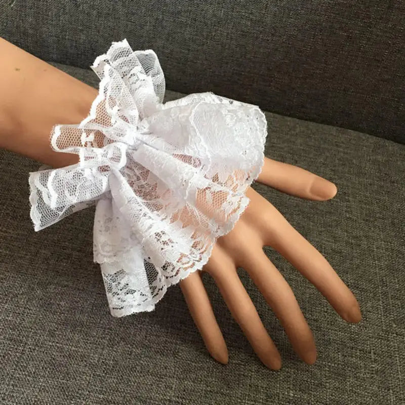 1Pair Lolita Hand Sleeve Wrist Cuffs Ruffled Floral Black Lace Elastic