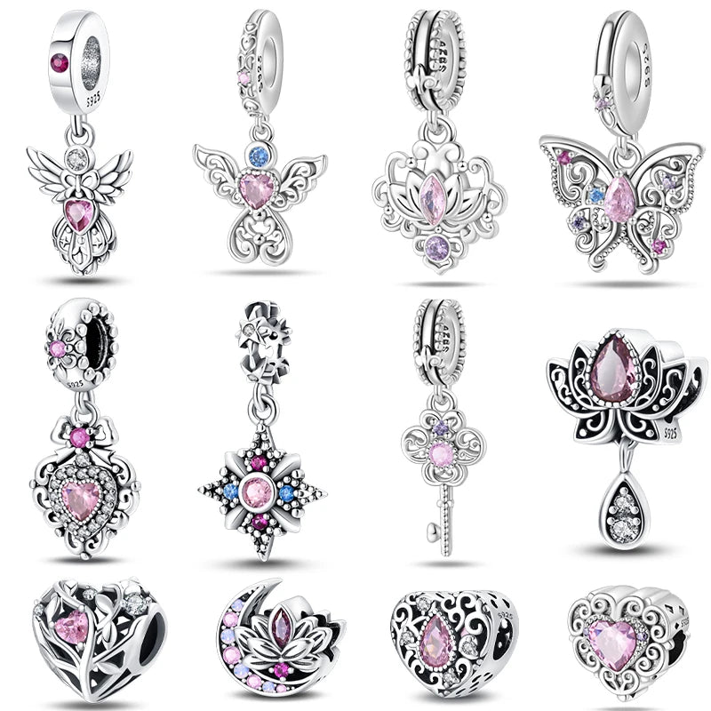 Classic Silver Plated Lotus Guardian Angel Heart-Shaped Zircon Charms