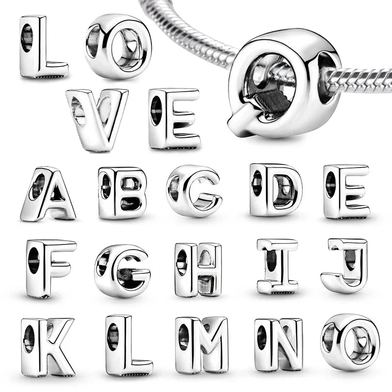 Silver 925 26 Letter A-Z Alphabet Charm Fine Beads Fit Original Charms