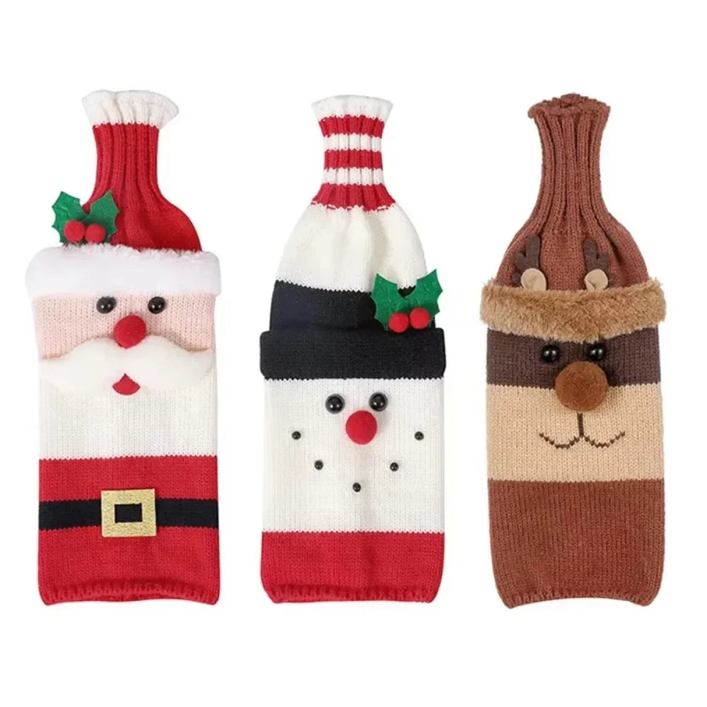 Christmas Wine Bottle Cover Set Santa Snowman Woven Wine Bottle Bags