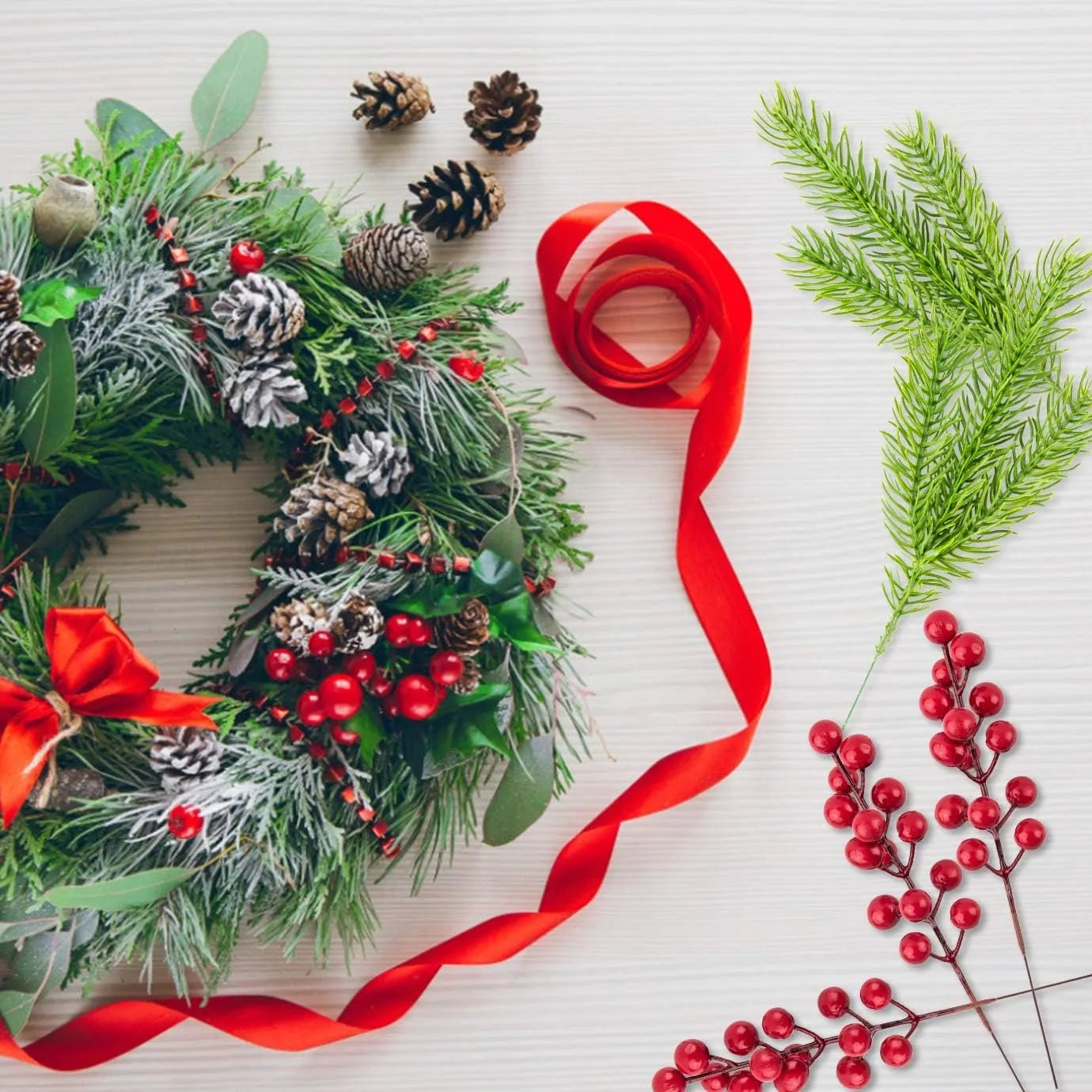 10Pcs Christmas Decoration Artificial Pine Branches Holly Berries Red