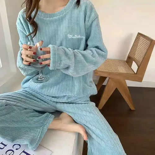 Soft Coral Velvet Jacquard Warm Pajama Set for Women Cozy Loungewear