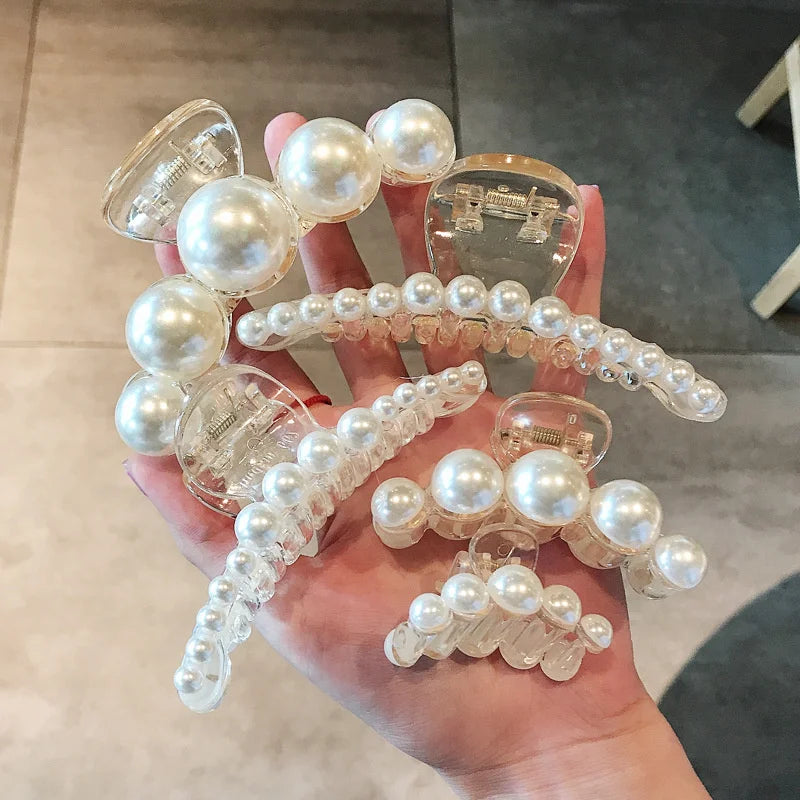 Vintage Pearl Clips Set Large Claw Korean Ponytail Big Barrettes Jaw