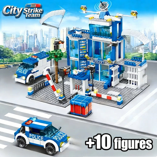 City police station building block group boy DIY car brick police