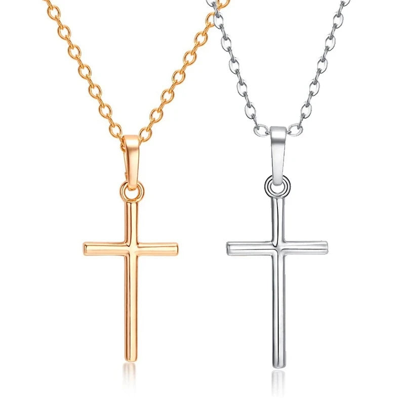 Fashion Christian Jesus Cross Necklaces Silver Color Long Chain Simple