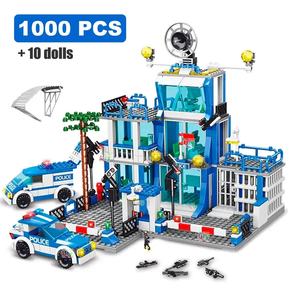 City police station building block group boy DIY car brick police