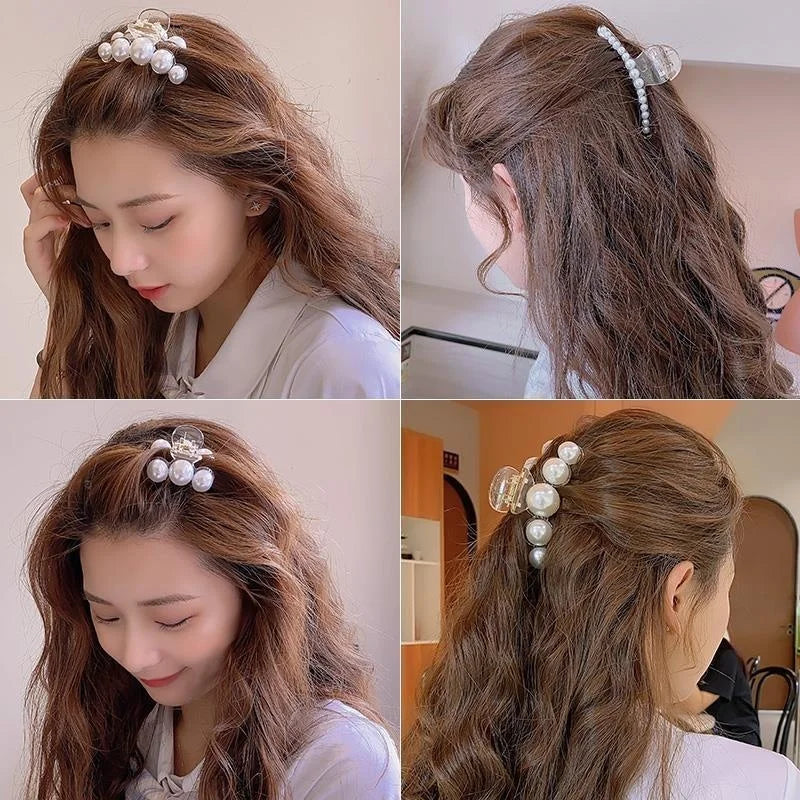 Vintage Pearl Clips Set Large Claw Korean Ponytail Big Barrettes Jaw