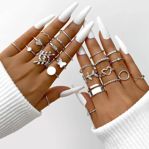 58PCS Vintage Heart Snake Butterfly Rings Set for Women Fashion Metal