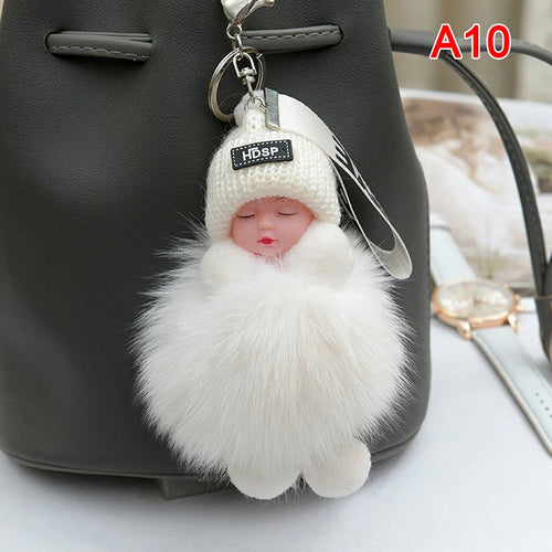 Pompom Sleeping Baby Keychain Cute Fluffy Plush Doll Keyholder Women