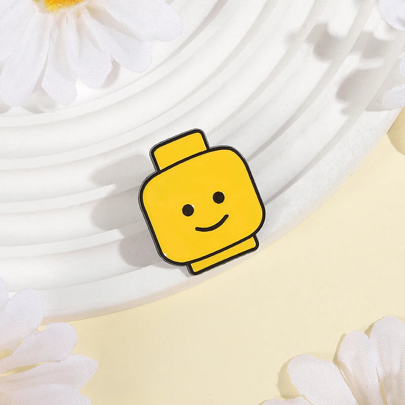 Funny Yellow Emoji Building Blocks Puppet Brooch Enamel Pins Cartoon