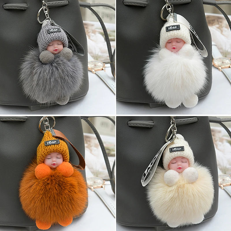 Pompom Sleeping Baby Keychain Cute Fluffy Plush Doll Keyholder Women