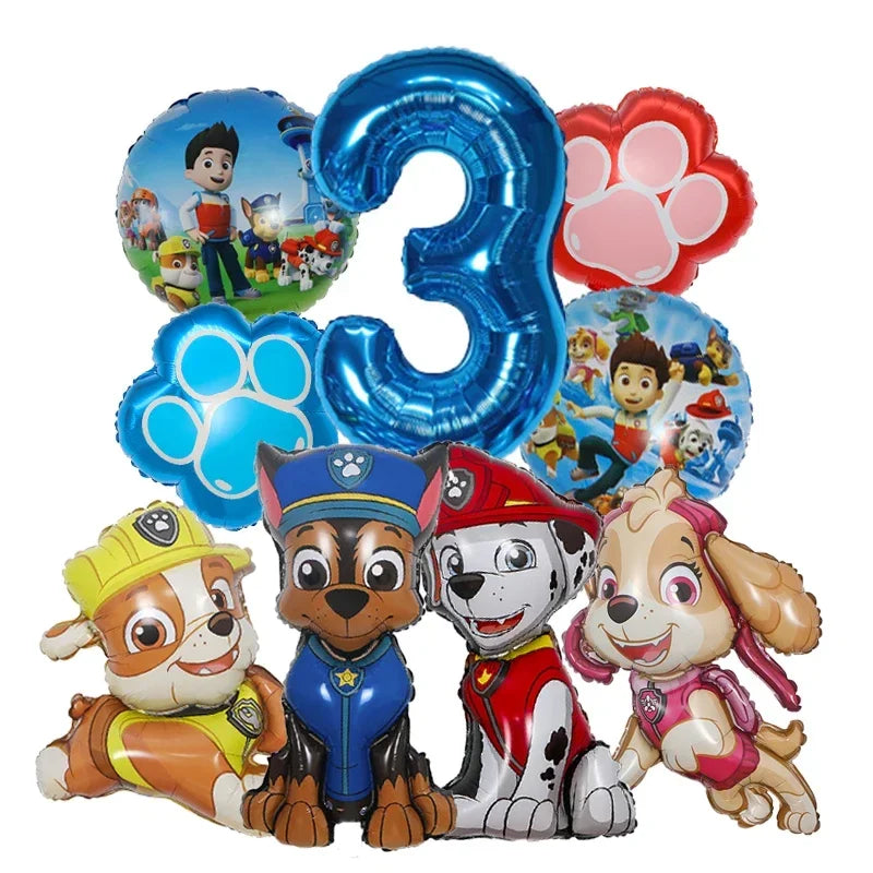 9pcs Cartoon Paw Patrol Theme Foil Balloon Number Balloon Childrens