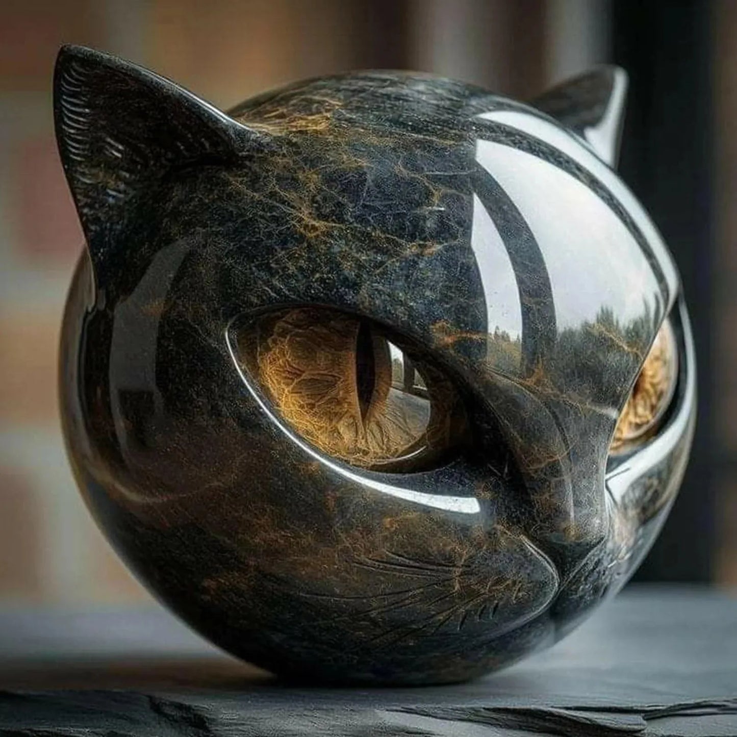 Decorative Black Cat Stone Figurine Resin Cat Head Healing Stone