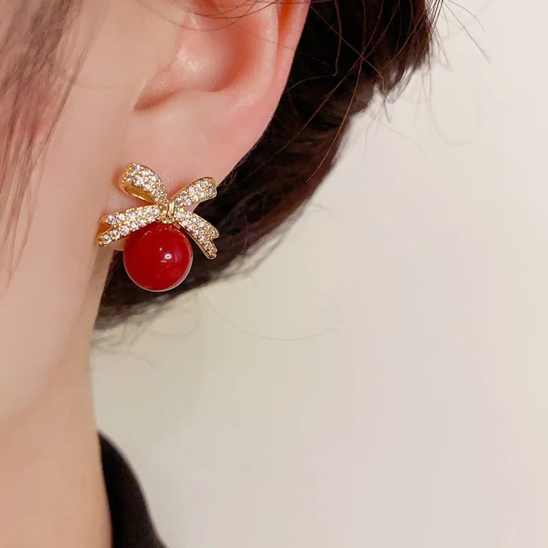 Sparkling Rhinestone Bow Pearl Stud Earrings Light Luxury Fashion
