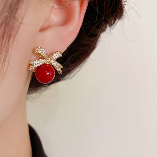 Sparkling Rhinestone Bow Pearl Stud Earrings Light Luxury Fashion