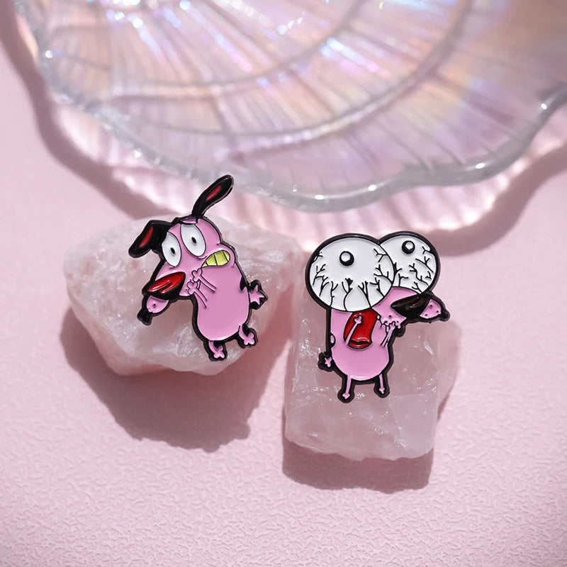 Cartoon Courage Cowardly Dog Brooch Enamel Pins Cute Pink Animal Dog