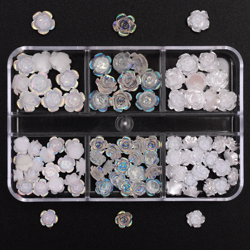 3D White Aurora Camellia Nail Art Charms Rhinestones 90PCS Jewelry