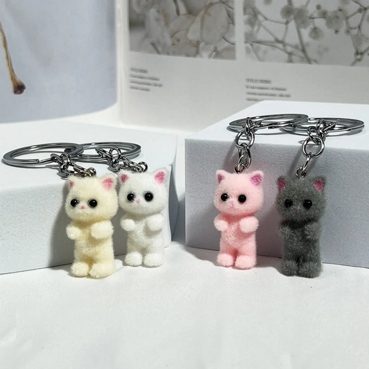 3D Cartoon Flocking Cat Keychain Kawaii Cat Key Ring Animal Key Chains