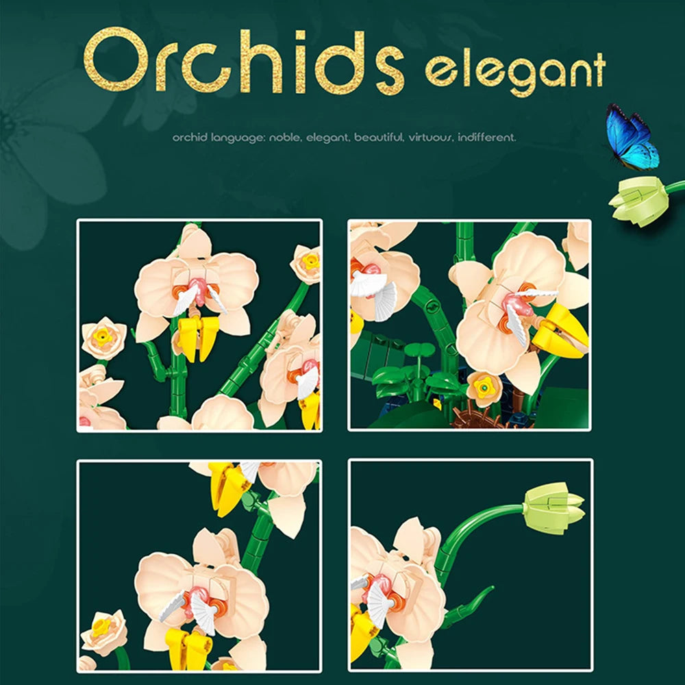 Building Blocks Orchid Flowers Bouquet Flower Blocks Bonsai Plant