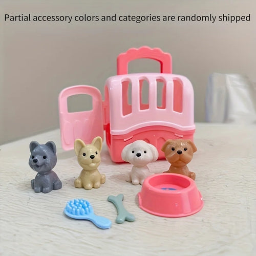 8pcs/set Cute Dog Pet Basket Family Toys Dog Doll Set Dog Cage Toys