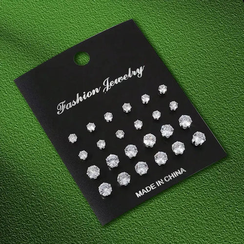 12 Pairs Set Stainless Steel Stud Earrings with Gemstone Buds Round