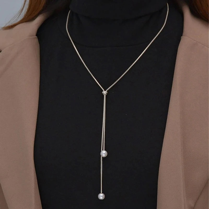 Simple Faux Pearl Pendant Adjustable Long Sweater Chain Necklace