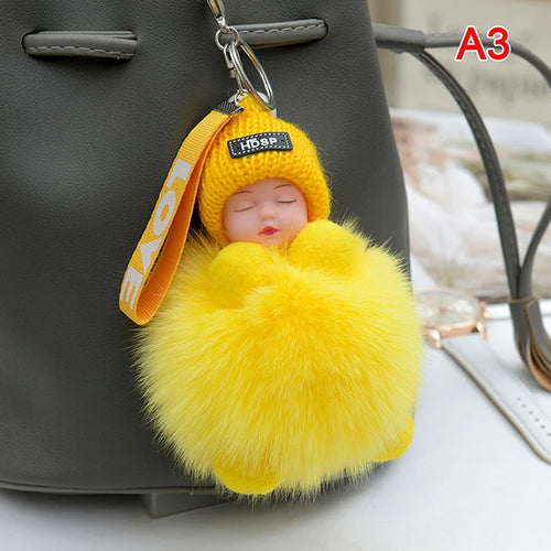 Pompom Sleeping Baby Keychain Cute Fluffy Plush Doll Keyholder Women