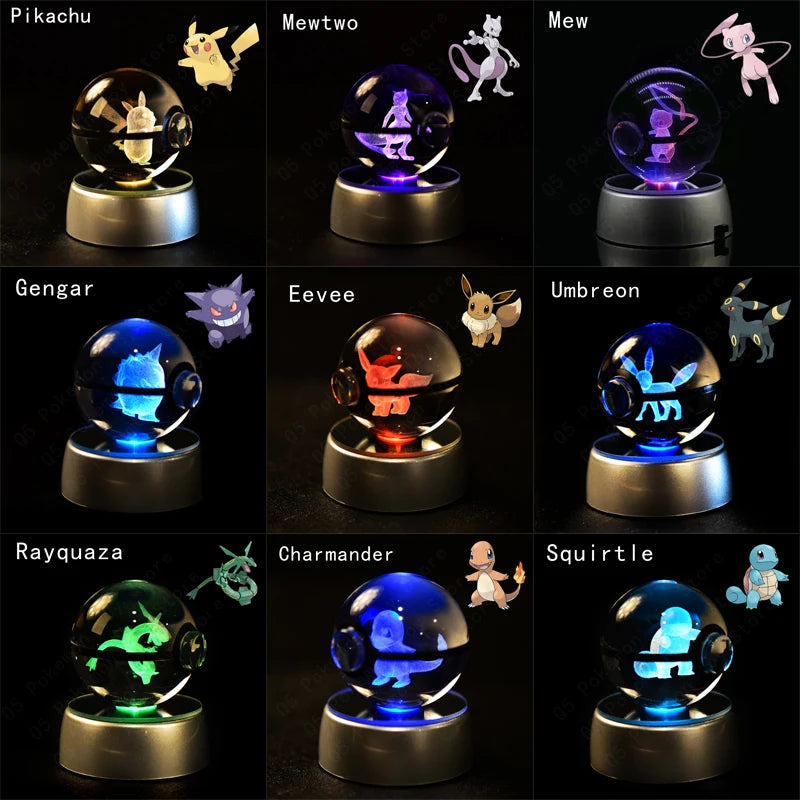 Pokemon Crystal Ball 3D Pikachu Mewtwo Mew Gengar Night Light Lamp
