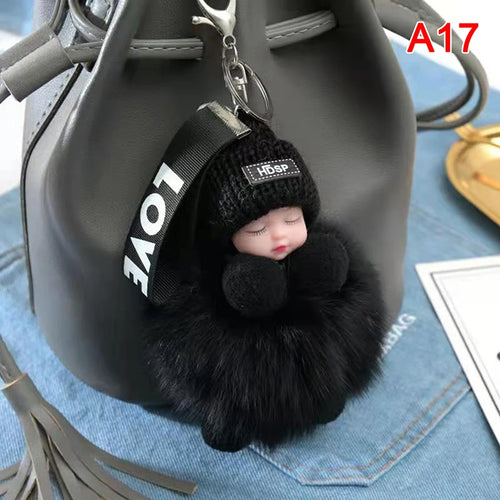 Pompom Sleeping Baby Keychain Cute Fluffy Plush Doll Keyholder Women