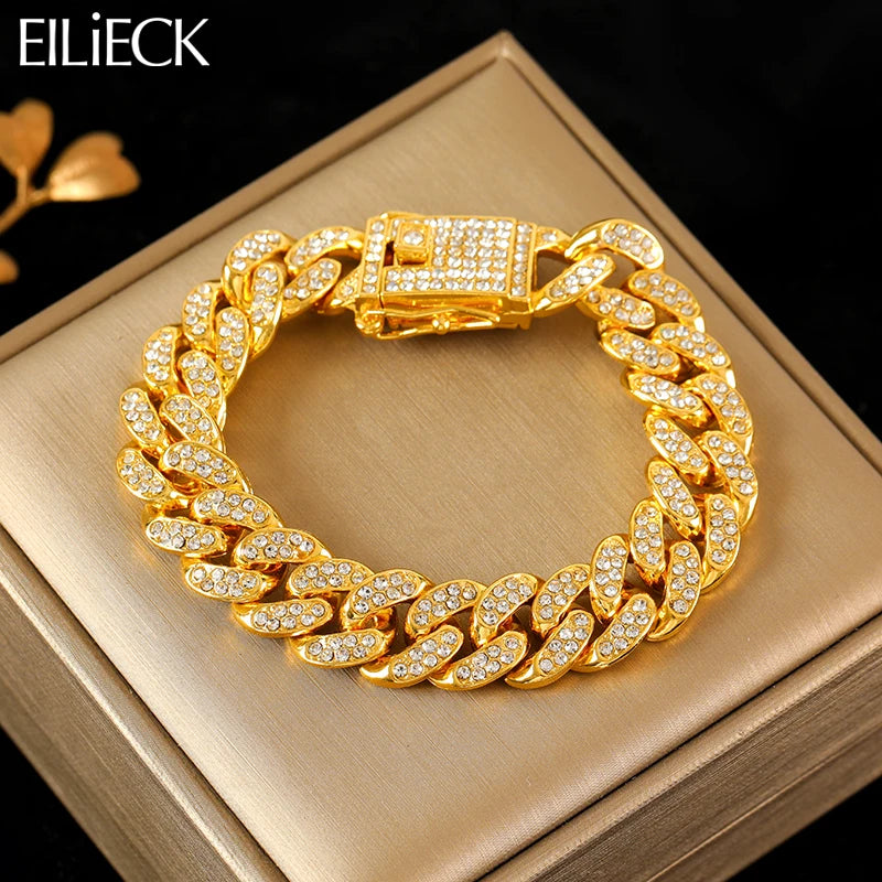 EILIECK 316L Stainless Steel Gold Color Cuban Chain Bracelet For Women