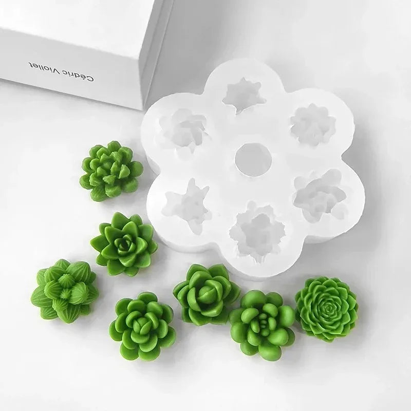 7pcs Succulent Flowers Candle Mold 3D Cactus Lotus Rose Soap Plaster