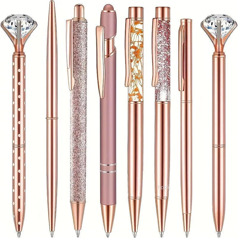8pcs Rose Golden Ballpoint Pen Set - Stylish Metal Pens with Crystal
