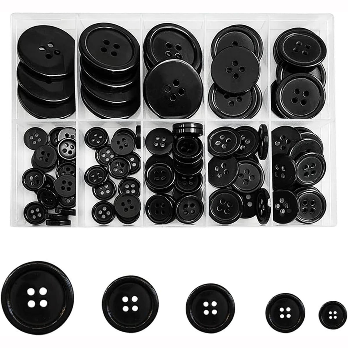 100 Pcs Black Resin Sewing Buttons, Mixed 5 Sizes of Black Buttons