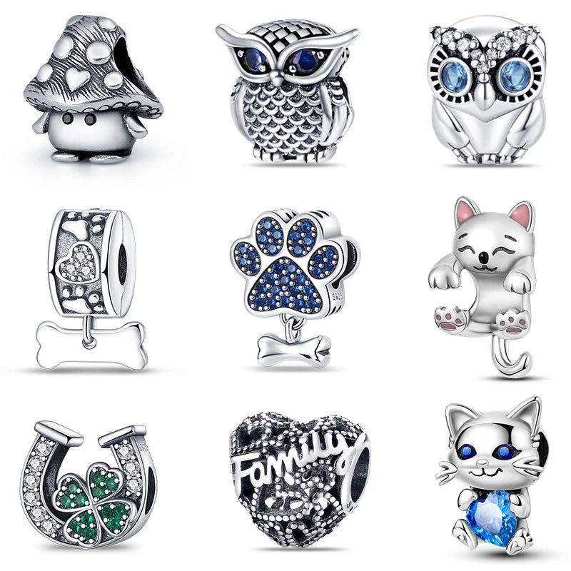925 Silver Color Mushroom Owl Cat Bone Animal Charms Beads Fit Pandach