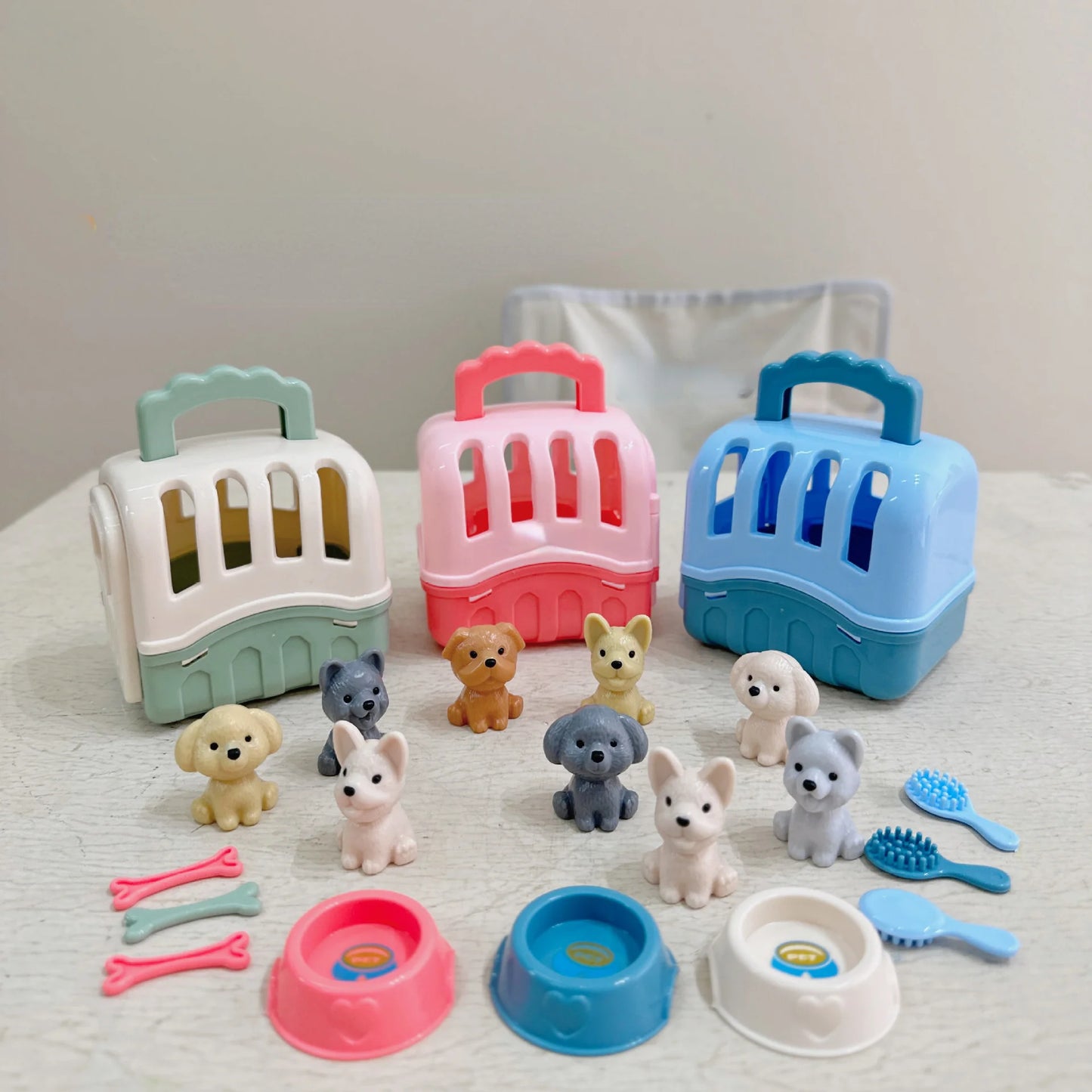 8pcs/set Cute Dog Pet Basket Family Toys Dog Doll Set Dog Cage Toys