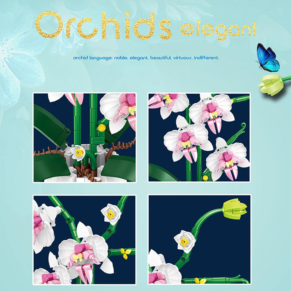 Building Blocks Orchid Flowers Bouquet Flower Blocks Bonsai Plant