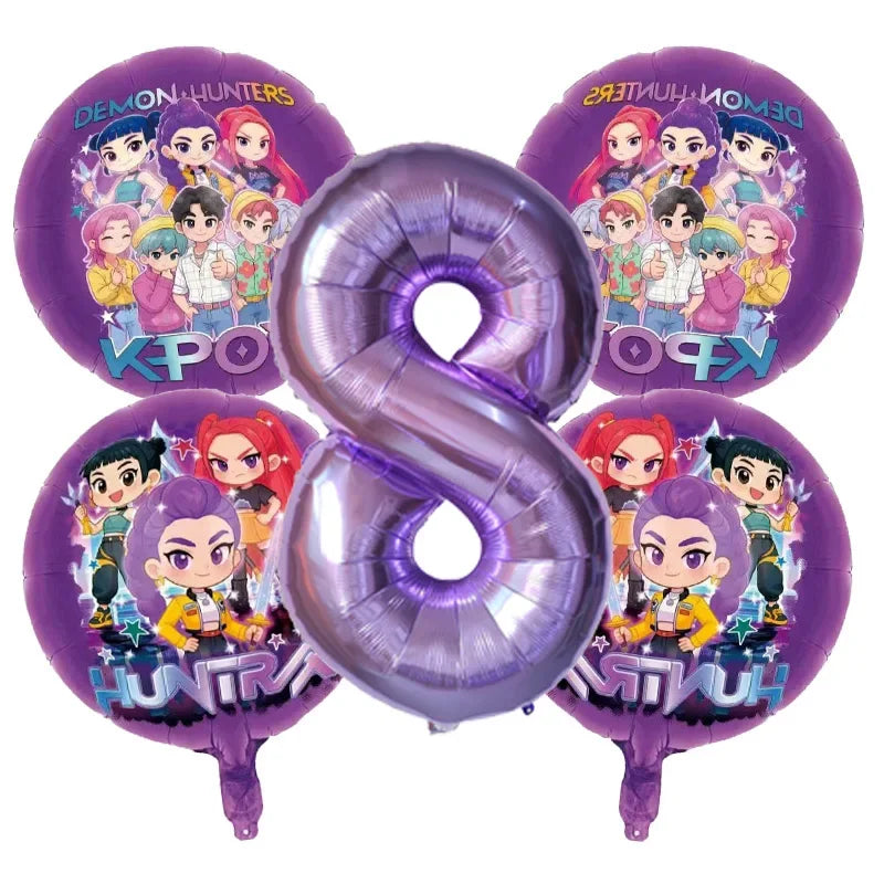 5pcs Kpop Demon Hunters Birthday Balloons Decoration Set Music Girl