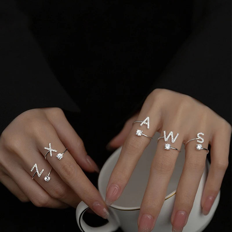 LATS Zircon Initial A-Z Letter Rings for Women Girl Adjustable Opening