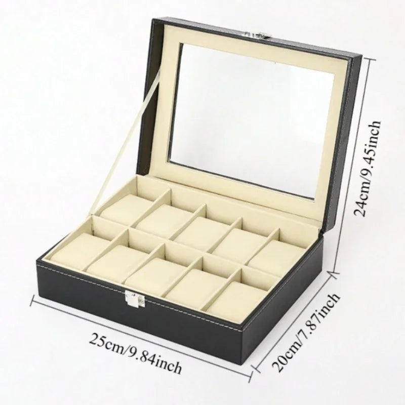 Luxury Watch Organizer Box,Faux Leather, Transparent Lid For Display,