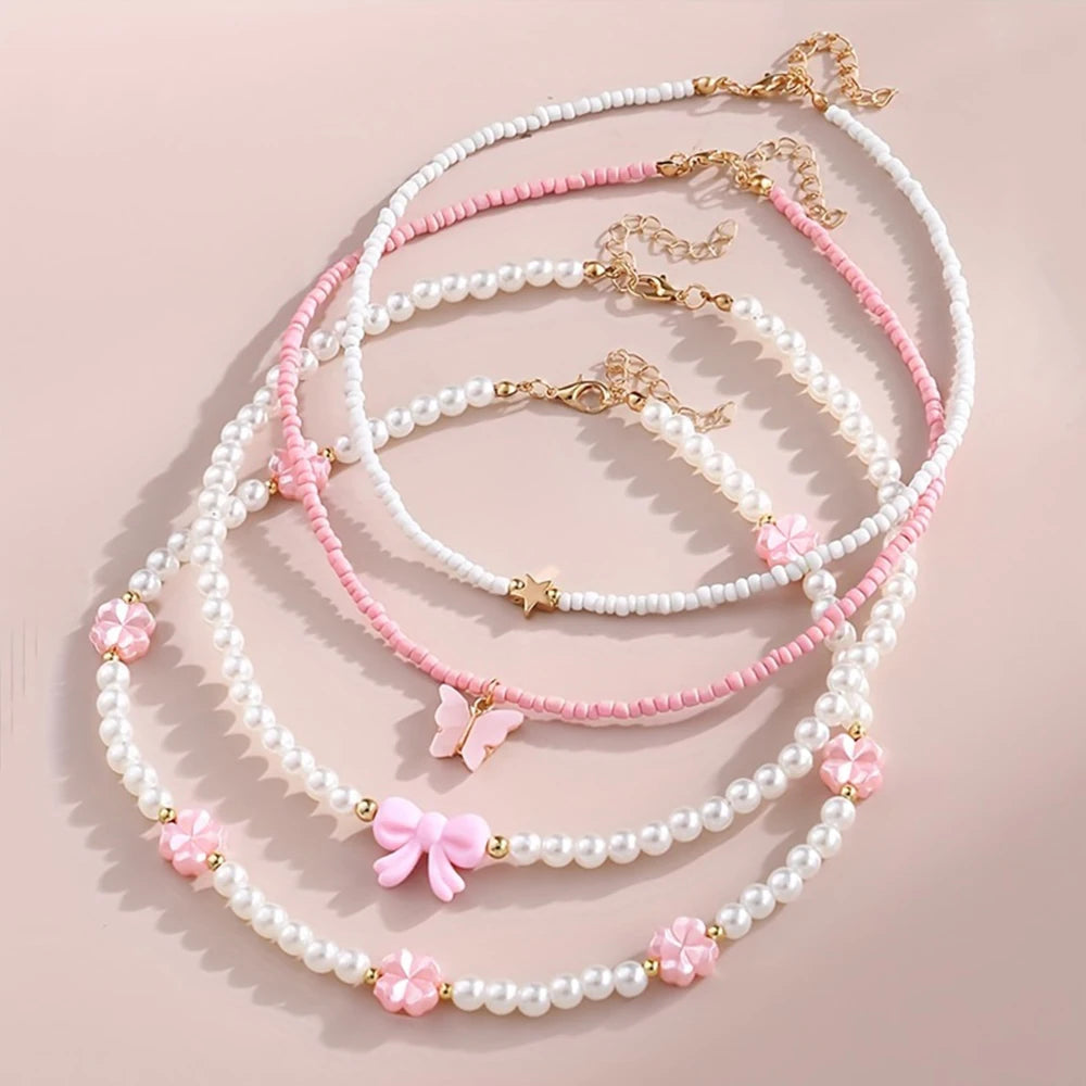 4pcs/Set Girls' Butterfly Heart Flower Pearl & Beaded Handmade