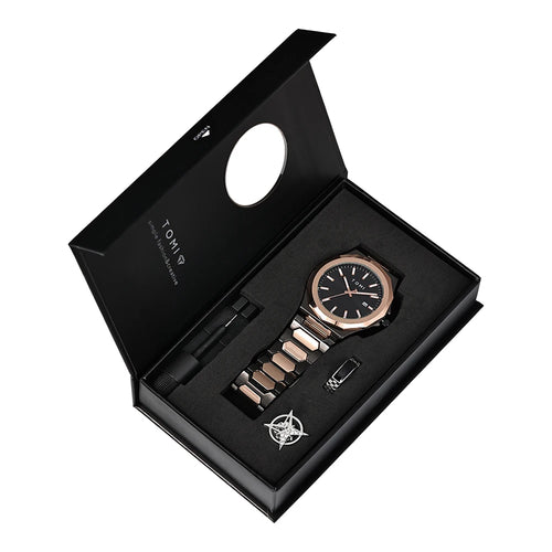 TOMI Luxury Business Men's Watch Gift Box Set High Quality Rose Gold
