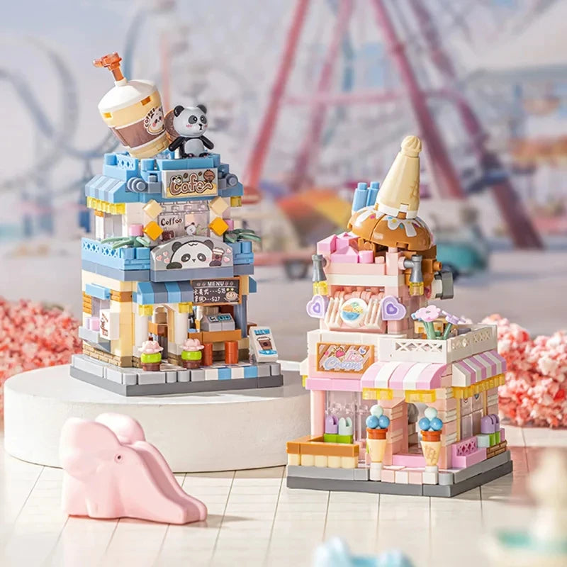 City Street View Building Block Set DIY Ice Cream Coffee Flower Shop