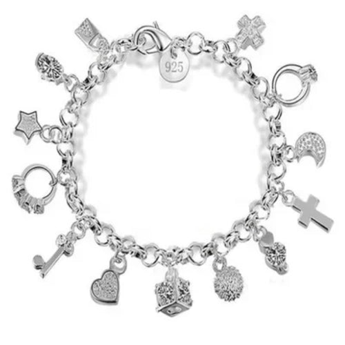 925 Sterling Silver Fashion 13pcs Pendant Chain Charm Bracelet for