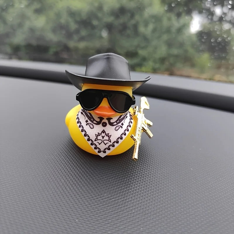 1PC Cute Black Cowboy Hat and Rifle Decor Little Yellow Duck Car