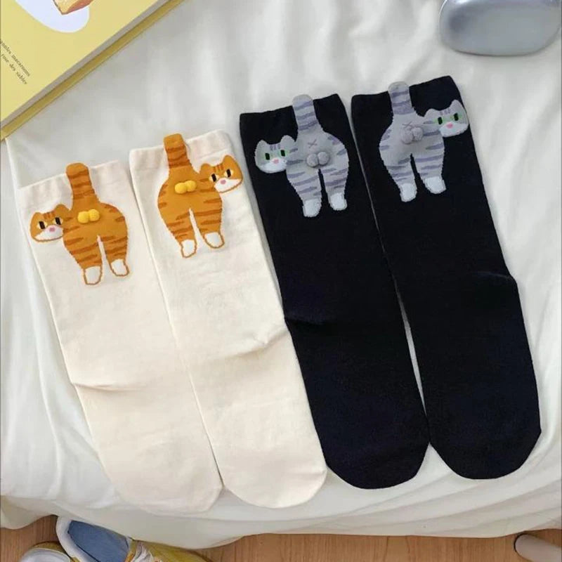 1pair Women's Korean - Inspired Mid - Tube Socks, Adorable Cat Print