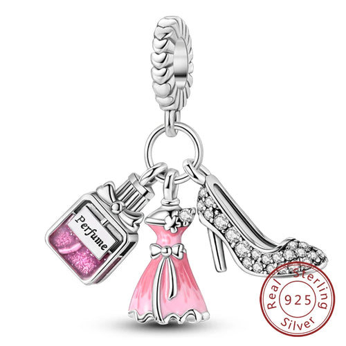 Fit Original 925 Sterling Silver Charms Beads Bow Perfume Bottle Pink