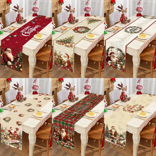 Vintage Christmas Table Runner Retro Santa Claus Table Cover Christmas