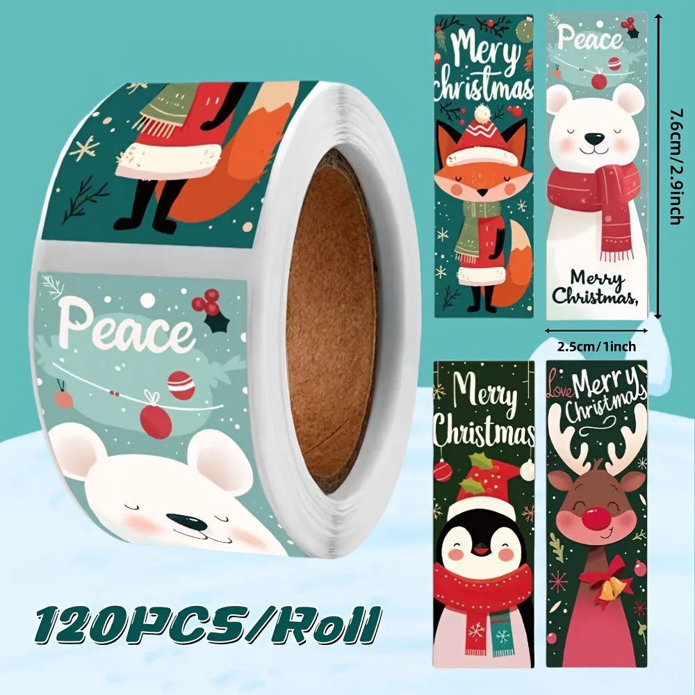 120pcs Christmas Stickers Roll - Cute Santa Polar Bear, Merry